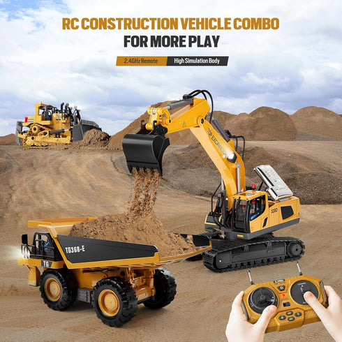 RC Dump Truck Toy, 9-Channel Remote Control Vehicle with Metal Bed & Light, Rechargeable for Kids Ages 3-12+