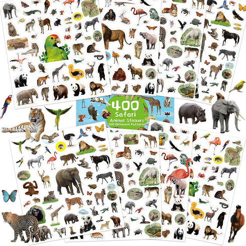 Animal Stickers Jungle Theme, 8 Sheets Wild Safari Decals for Kids Scrapbooking, 400 Pcs Party Favors