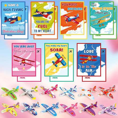 28 Pcs Valentine's Day Gift Card with Foam Airplanes Toys for Kids Boys Girls Valentines Party Favor Classroom Exchange
