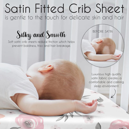 Sweet Jojo Designs Satin Fitted Baby Crib Sheets (Pink/Grey Boho Floral) for Girls, Infant, Nursery, Toddler Room
