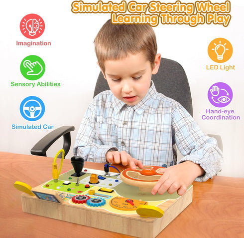 Montessori Toddler Toys - Baby Wooden Busy Board - Sensory Toys with Light Switch for Educational Activities for