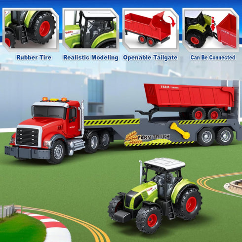 3 4 5 6 7 21" Bstoyder Toddler Boy Toys for Years Kids, Semi Flatbed Truck Toy with a Farm Truck, Friction Powered