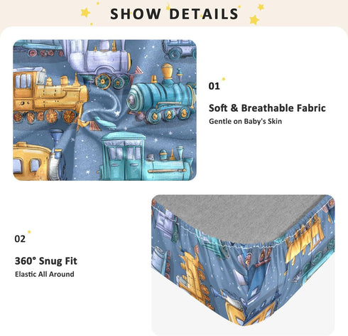 Mazeann 52" 28" 9" Steam Trains Blue Crib Sheets Soft Breathable Fitted Cotton Baby Crib Sheets Mattress Cover for Girl