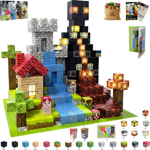 Tinkzee 200 PCS Magnetic Building Blocks Set with 15 LED Light-Up Blocks, Replaceable