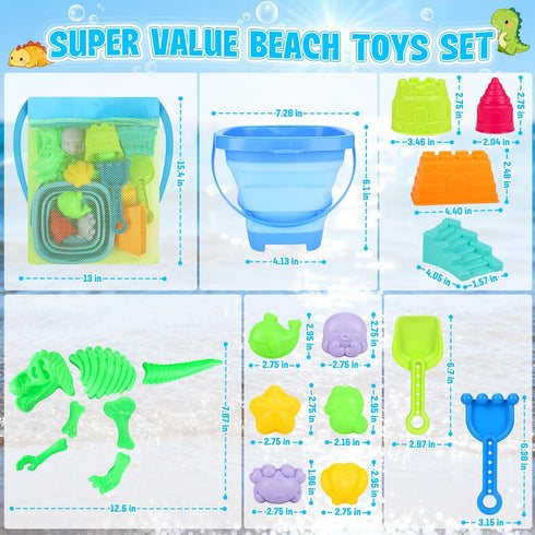 ERHAICAT Summer 3-10 Beach Toys, Dinosaur Sand Toys for Kids Toddlers with Collapsible Bucket, Sand Castle Building