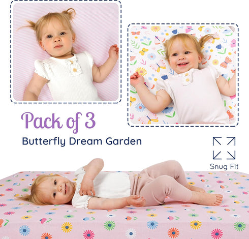 (3 Pack) Set GROW WILD Butterflies & Flowers Fitted Crib Sheets Girl - Soft Jersey Cotton Fitted Sheet, Toddler Bed