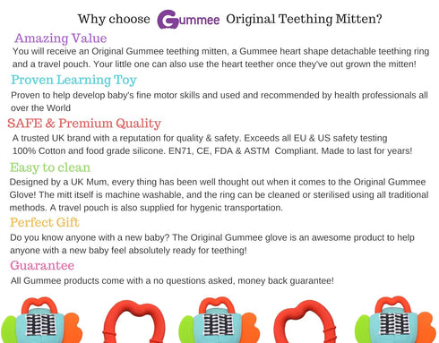 Gummee 6 Glove Baby Teething Mitten Months + Premium Quality Detachable Teether Ring and Travel Bag - Turquoise