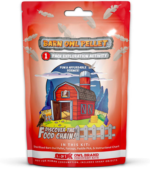 Barn Owl Pellet Kit (Small 1.0-1.5") 1 Pack for Science Teachers, Kids, and Students with Tools & Chart