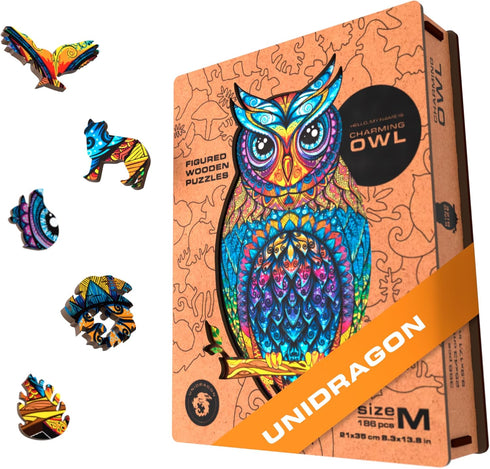 UNIDRAGON Original Wooden Jigsaw Puzzles, Charming Owl, 186 Pieces, Medium Size 8.3"x13.8", Beautiful Gift Package,