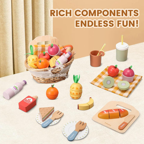 Playset, Set 3 4 5 Pithfor Picnic Wooden Play Food for Kids Kitchen, Cutting Pretend Play Kitchen Food Toy for Toddlers