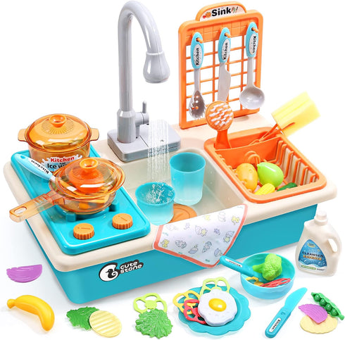 CUTE STONE Play Kitchen Sink Toys with Upgraded Real Faucet, Play Cooking