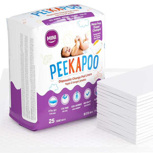 Peekapoo Mini – 25 Pack Disposable Changing Pads for Baby, Waterproof Liners, Diaper Changing Pad Protector Mat
