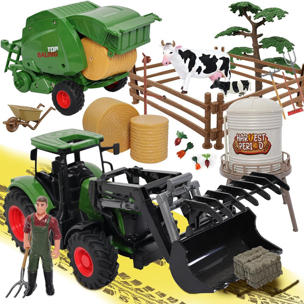 Peagprav Farm Tractor Toys Set Bale Haying Round Baler with Barn, Farmer,Cow,Farm