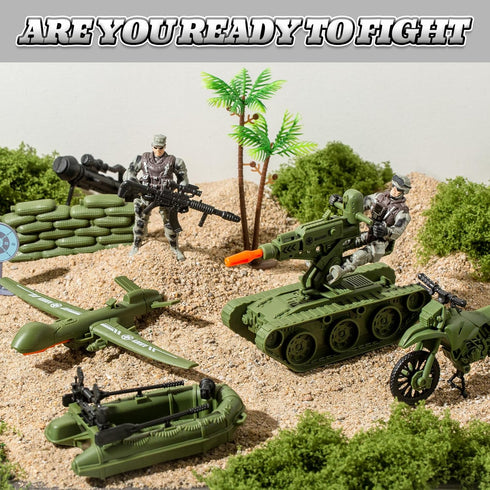 Army Toys Military Soldier Action Figures Set with Green Army Men, Rowboats, Motorcycles, and Accessories for Boys