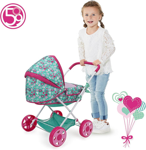 509 3+ Crew: Mint Heart - Daisy Doll Pram - Pink & Green, Bassinet, Storage Basket, Retractable Canopy, Folding
