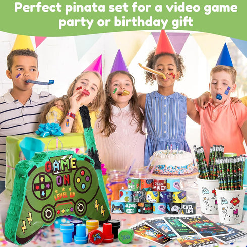 Spakon 113 Pcs Video Game Piñata Set - Birthday Party Supplies with Mini Notebooks, Pens, Keychains, and More