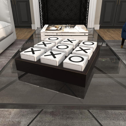 Deco 79 Black Wood Tic Tac Toe Game Set with White Block Pieces, 14" x 14" x 4"