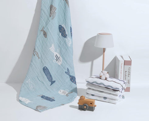 ONLYCUBBYA 100% 47" 47" 2 Muslin Baby Quilt Cotton Newborn Blanket X Layers Muslin Swaddle for Boy and Girl (Ocean
