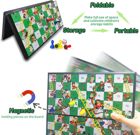 Set, Set (11.2 inch 11.2 inch) KIDAMI Magnetic Snakes and Ladders Board Game Folding Portable Design, Family Travel