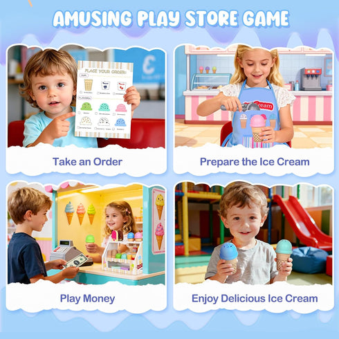 Counter Playset 2 3 4 5 6 Wooden Ice Cream Toy, Ice Cream for Kids, Toddler Pretend Play Kitchen Accessories