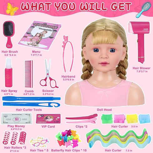 3 4 5 6 7 8 Doll Head for Hair Styling Kids, Pretend Play Hair Salon Toys for Girls with Hairdryer Hair Accessories