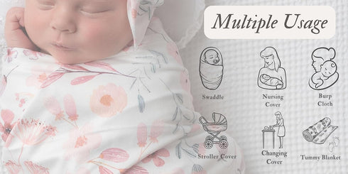 Newborn Floral Print Swaddle Blanket - Stretchy Receiving Blanket with Matching Headband and Beanie (Small Flower and