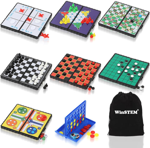 8-in-1 Mini Travel Board Games Set, Magnetic Checkers Game with Folding Magnet