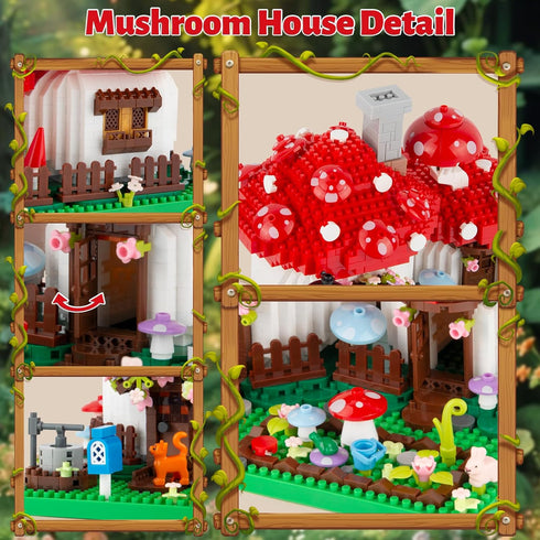 Set, 1346PCS 14+ Vziimo Mushroom House Building Creative Mushroom Garden Model Kits for Adults, Micro Bricks