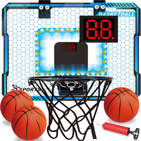 Indoor Basketball Hoop with LED Lights, Mini Basketball Toys for Kids 5-10+ Years, Over The Door with Scoreboard