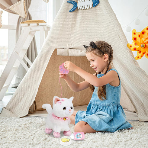 Jimate Interactive Electronic Plush Toy Walking and Barking Robot Cat Plush Cat Remote Control Kitten for Girls (White