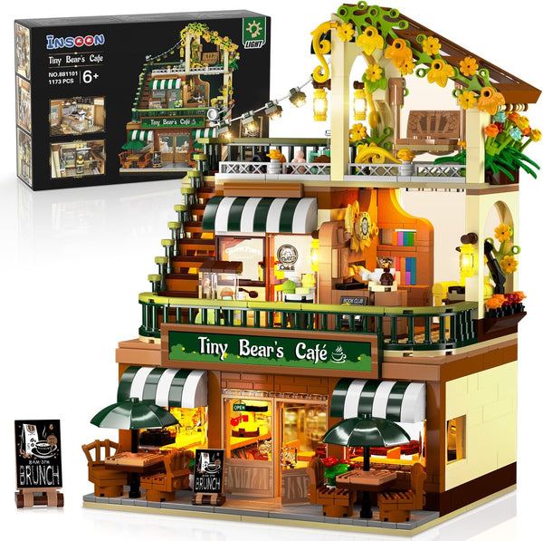 City Coffee House Building Set with Light, 1173 PCS Cafe Shop Building Block Toy with Ordering Counter and Baking Room