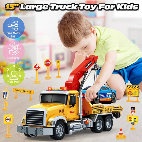 15" 3 4 5 6 SpringFlower Large Tow Truck Toy, Toy for Years Old Boy Toddlers, Truck Vehicle with Racing Car, Traffic