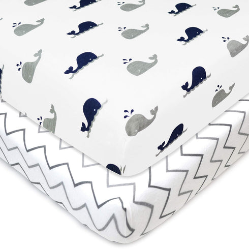 American Baby Company 2 Pack 100% Natural Cotton Fitted Pack and Play Sheets, 39" x 27", Navy Whale/Grey Zigzag