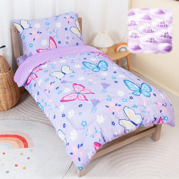 TinyPalsa Butterfly Toddler Bedding Set, 4-Piece Comforter Set for Girls and Boys,