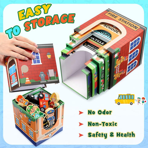 Community Baby Stacking Toys for Toddlers, Magnetic Wooden Cars & Garage Sorting Helpers Preschool Educational Learning