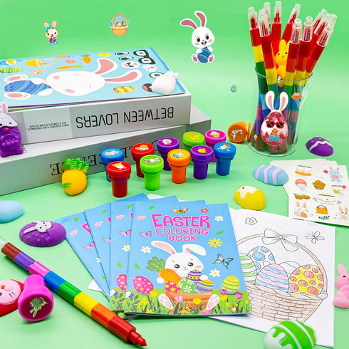72 Set Cinrobiye Pcs Easter Party Favors Easter Basket Stuffers with Coloring Books Stacking Crayons Tattoos Stampers