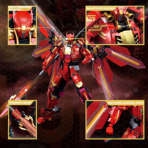 LQPFBSM Set 511 Halberd Red Mecha Building Pieces Winged Robot Action Figure with Weapon Fully Articulated Warrior
