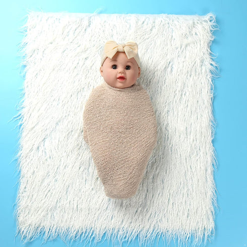 Kaerm 3Pcs Set Newborn Photography Suit Baby Wrap Swaddle + Fluffy Blanket Mat + Bowknot Headband