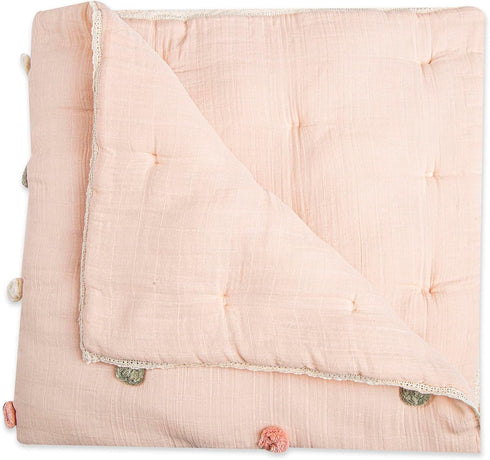 36" 36", 100% Crane Baby Soft Cotton Muslin Nursery Blanket with Pom Pom Trim, X Stroller Blanket for Girls, Pink