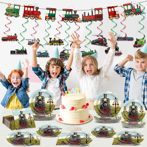 109Pcs Set party greeting Train Birthday Party Supplies Includes Steam Train Party Plates Napkins Fork Retro Train