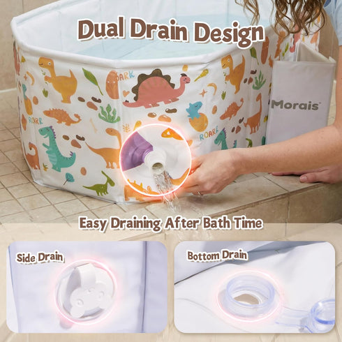 MORAIS 12 Toddler Bathtub Collapsible & Portable, Foldable Baby Bath Tub for Shower & Travel, Dual Drain Plug