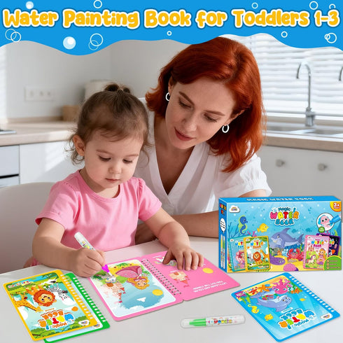 ZMLM 24 Pack 3-8 Water Coloring Books for Toddlers, Reusable Paint with Water Books with Pen, Mess Free Magic Doodle
