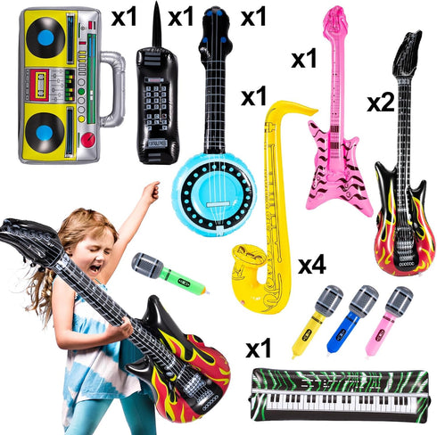 12 Pcs Inflatable Instruments, Rock Star Toy Set with Inflatable Guitar, Saxophone, Microphones for 80s 90s Party