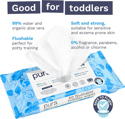 1 60 100% 99% Pura Flushable Toddler Wipes x Wipes, Plastic Free, Water, Hypoallergenic & Fragrance Free, Totally