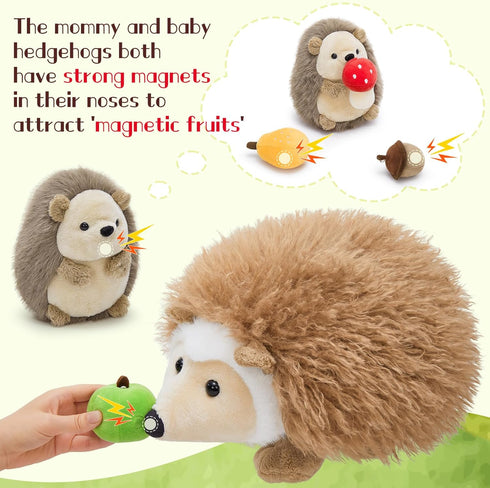 Set, 4 16" MaoGoLan Magnetic Hedgehog Plush Toys Family Mama & Baby with Fruits - Soft Stuffed Animals for Imaginative