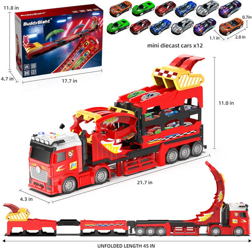 BuddyBight 3in1 45-Inch 4-8 w/12 2-4 3+ Carrier Truck with Foldable Race Track, Toy Trucks for Kids Ages Metal Diecast
