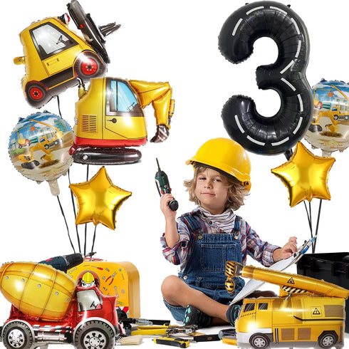 DUNSEO 3rd Construction Truck Balloons for Boys Birthday Party Supplies - Tractor Themed Decorations and Favors