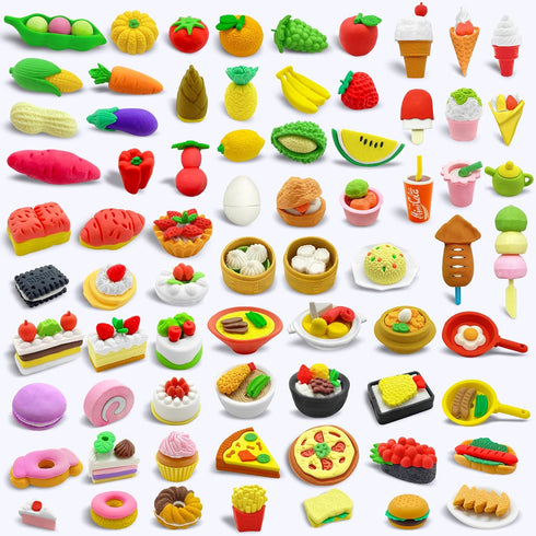 LanMa 70PCS Cute Food Erasers Set for Kids, Fruit Desserts Cake Puzzle, Classroom Prizes Party Gifts
