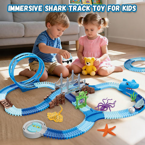 219 Set 360 3-8 VATOS Shark Track Toys - Pcs Flexible Race Track with Loops, Electric Shark Car & Auto-Rotating, Create