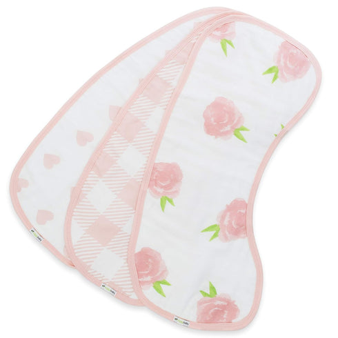 Ziggy Baby Muslin Burp Cloths - Burpy Bib Set (3 Pack) in Pink Peony, Heart & Buffalo Plaid